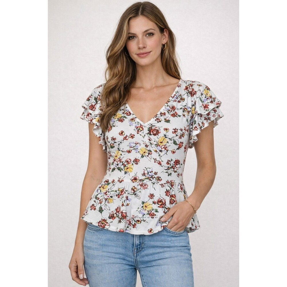 Maeve Anthropologie Sz 8 Floral V Neck Blouse Short Split Flutter Sleeves